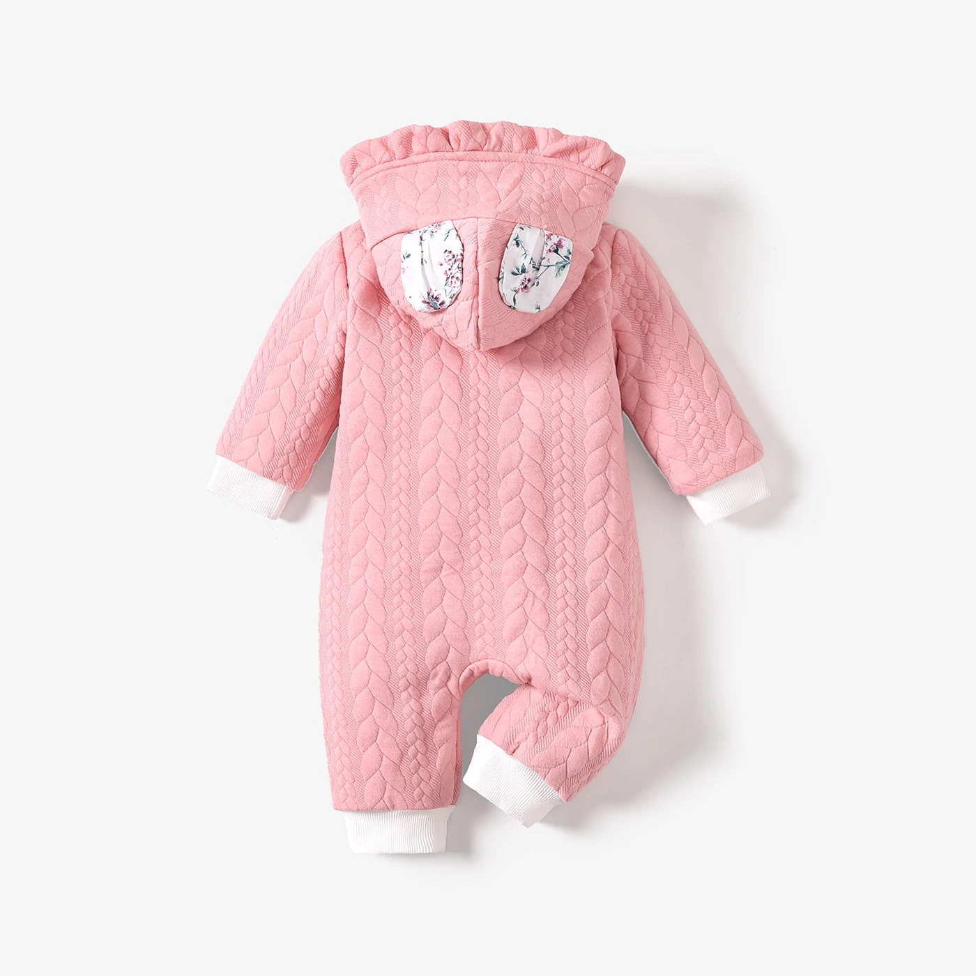 PatPat 3D Ears Hooded Long-sleeve Ruffle Pink Thickened Lined Baby Jumpsuit