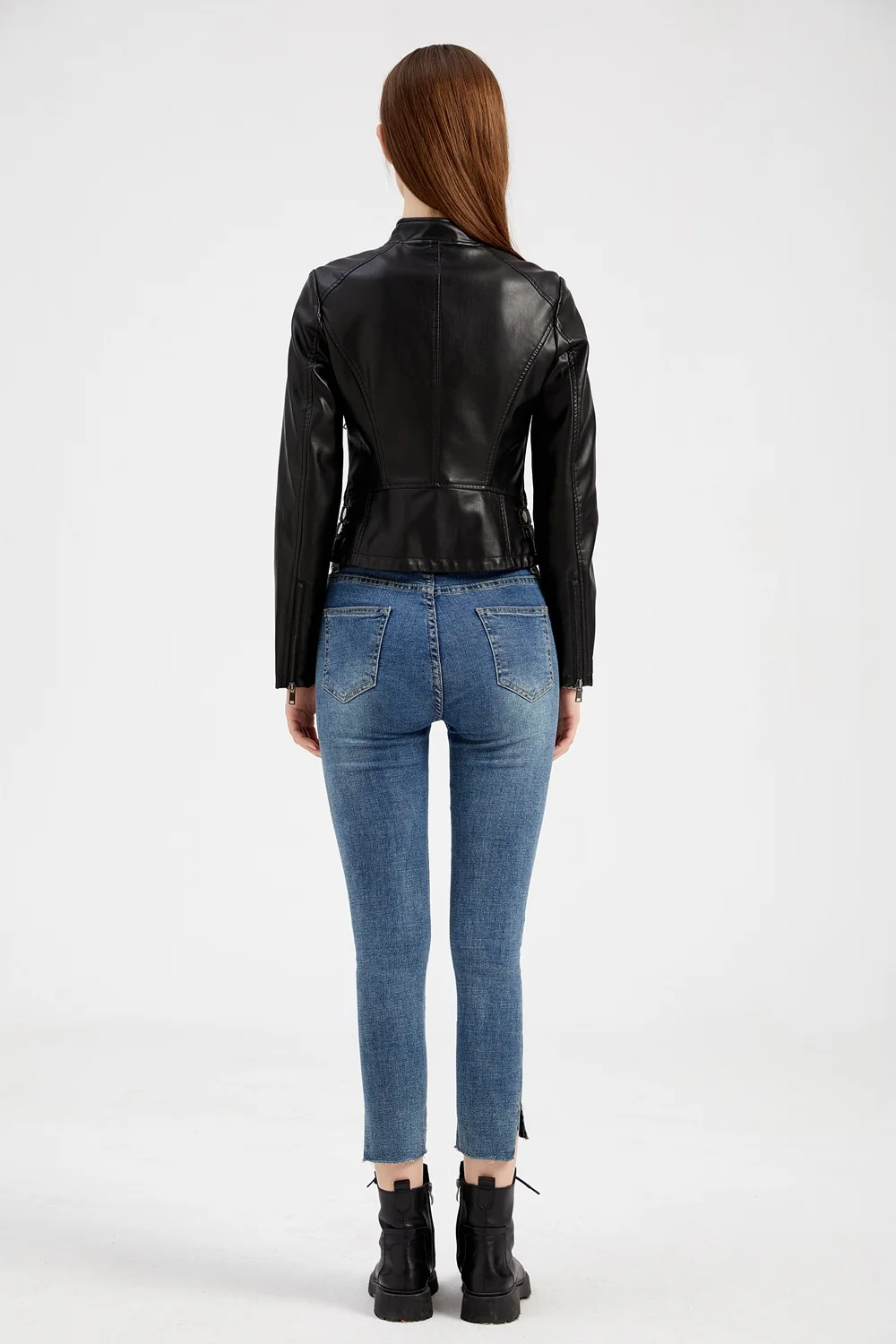 Women's Rivet PU zipper Leather Coat, Black Motorcycle Jacket, Standing Collar, Korean Punk Rock Fashion, Autumn and Winter