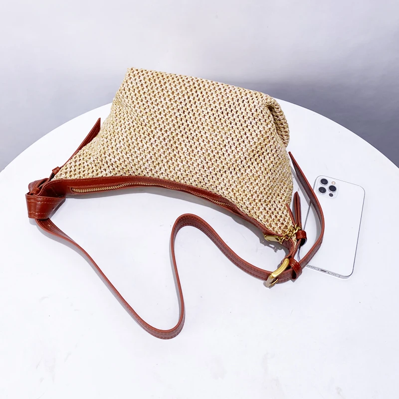 Hollow Out Decorate Hobos Bags For Women Luxury Designer Handbags And Purses 2024 New In Casual Weave Straw Shoulder Crossbody