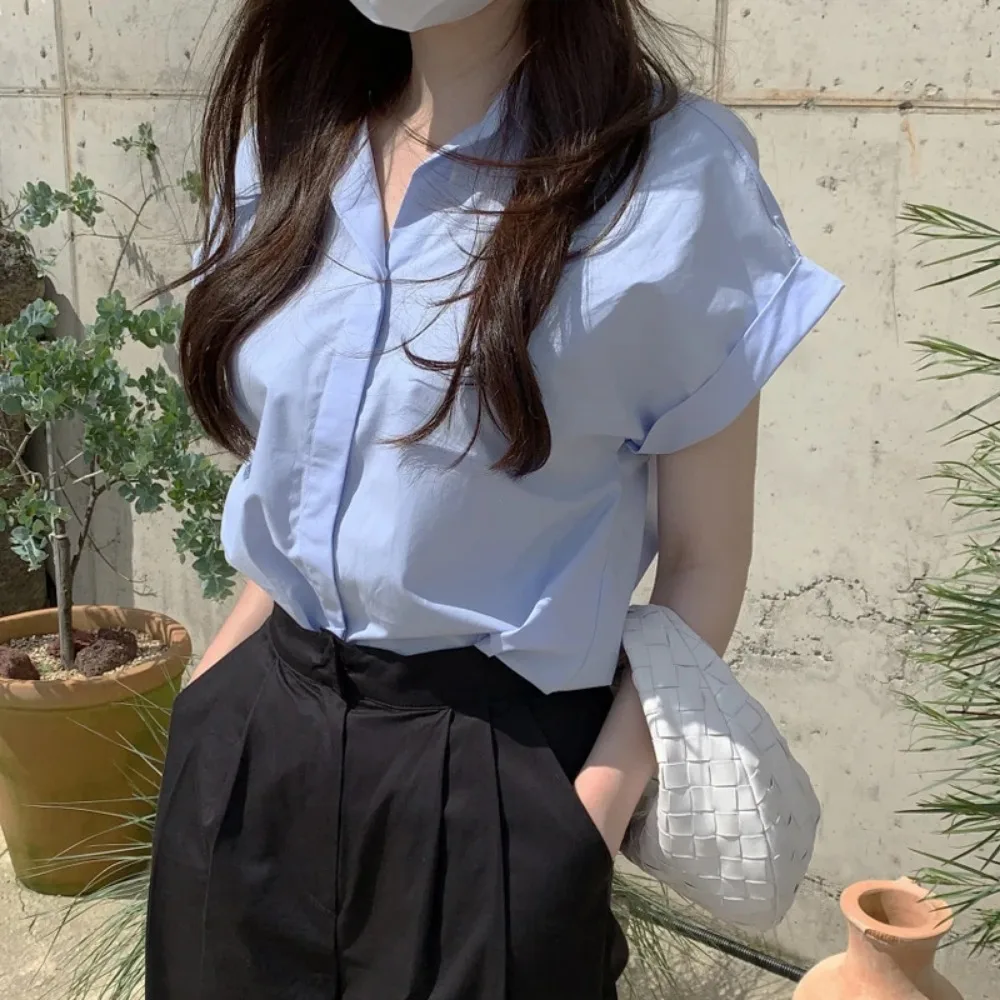 

Korean White Shirt Chic Casual Design Sense Niche Blue Shirt Women Top French Sle White Polo Shirt Summer Girl Sweet Clothes