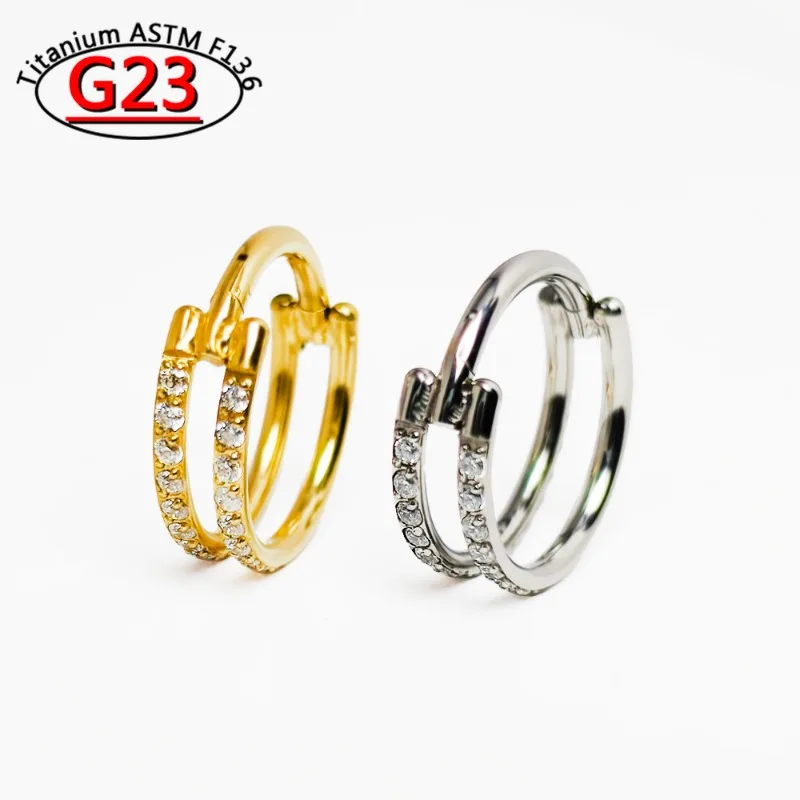 2/5Pcs G23 Titanium 16G Double Layer Zircon Clicker Nose Ring Septum Hinged Segment Earrings Tragus Piercing Body Jewelry