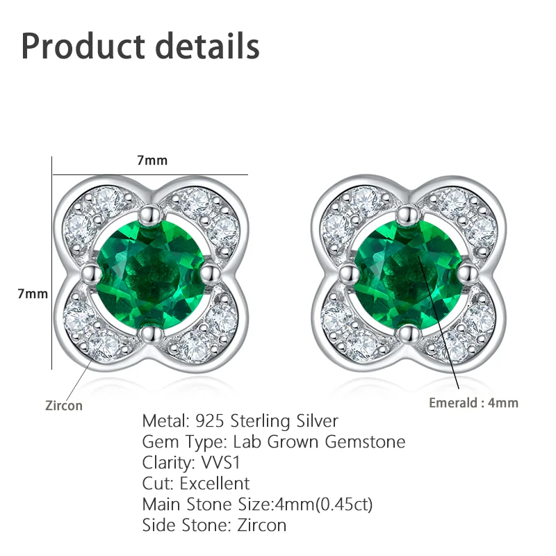 RAPRGOLD Created Emerald Stud Earrings for Women 925 Sterling Silver Piercing Earring Wedding Party Gemstone Fine Jewelry Gifts