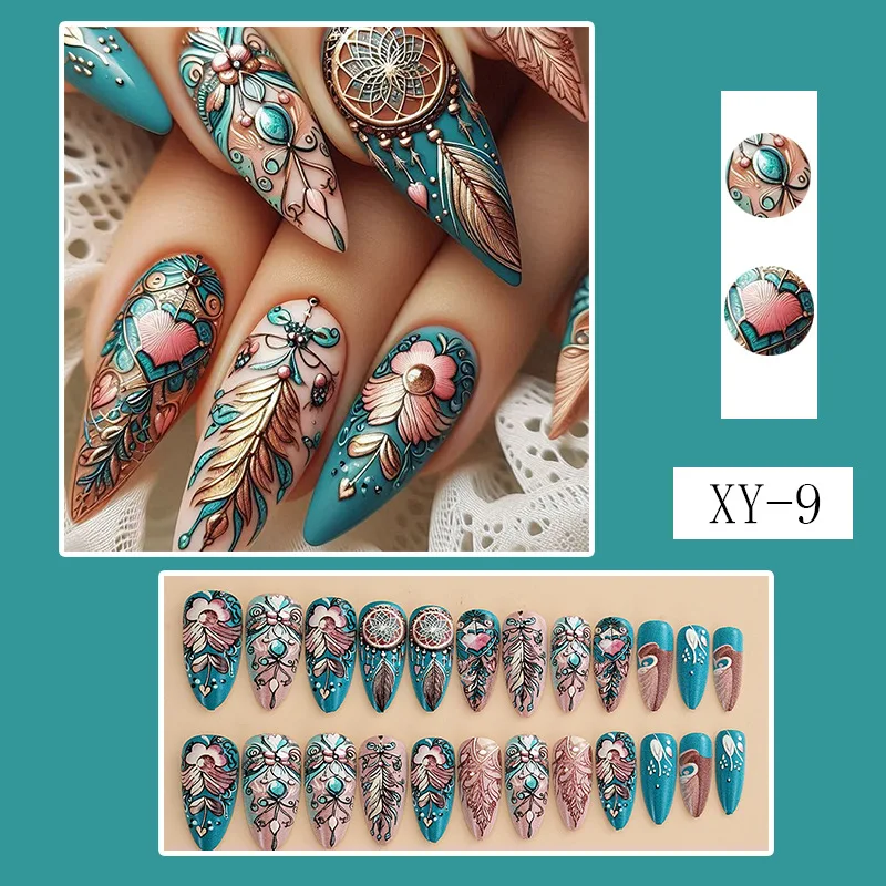 Feather Design Press on False Nail Art Press on Nails Datachable Fake Nail Tips Feather Press on Nails Almond Fake Nails Set