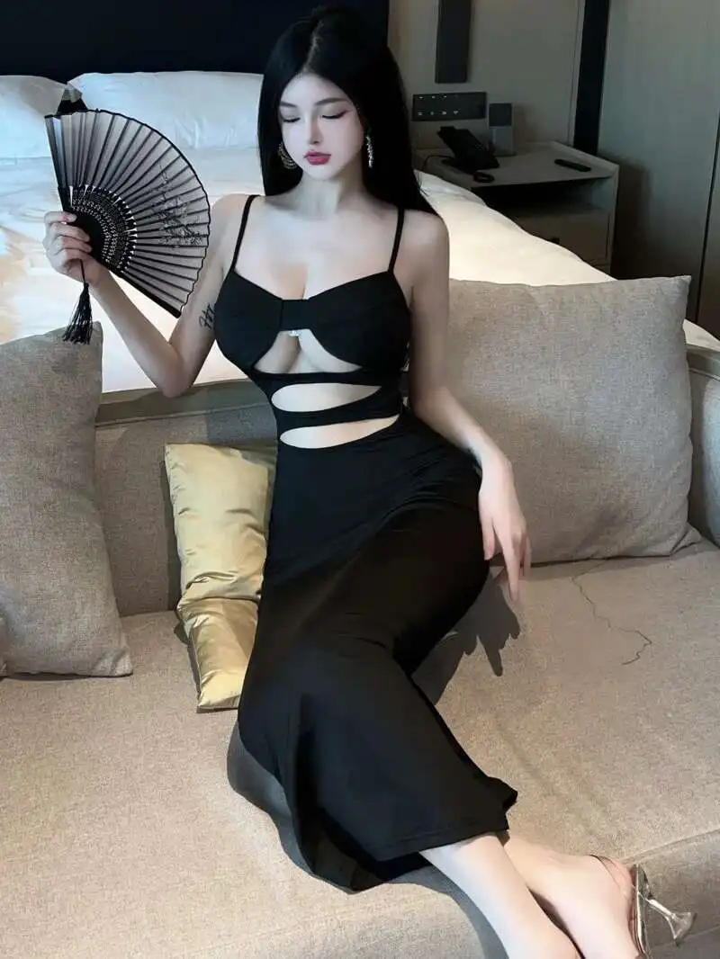 WOMENGAGA, vestido Sexy picante de estilo de niña con cintura ahuecada, vestido ajustado a la cadera para la playa, vestidos largos elegantes y dulces 3HHA