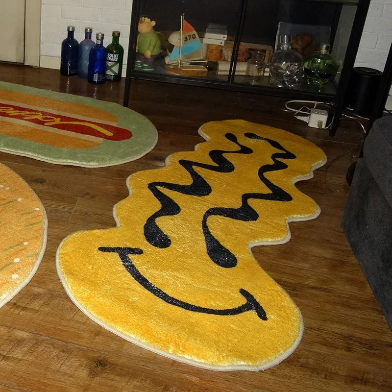 Alfombra con sonrisa, mesita de noche, dibujos animados, cara de distorsión divertida, alfombra para dormitorio de niños, decoración del hogar,