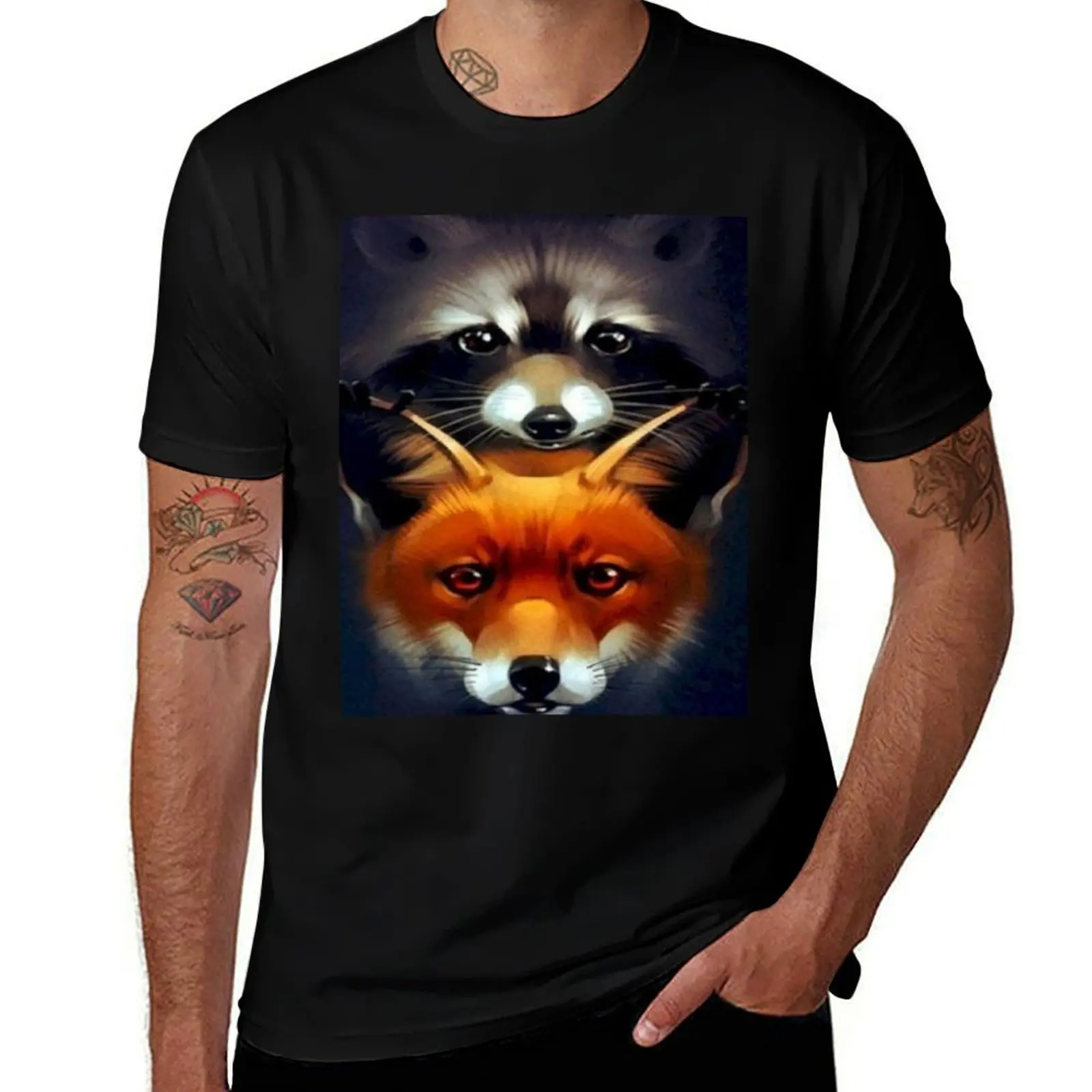 

Raccoon and Fox Best Friend Animals Black T-Shirt Anime t-shirt funny costumes funny gifts mens clothing