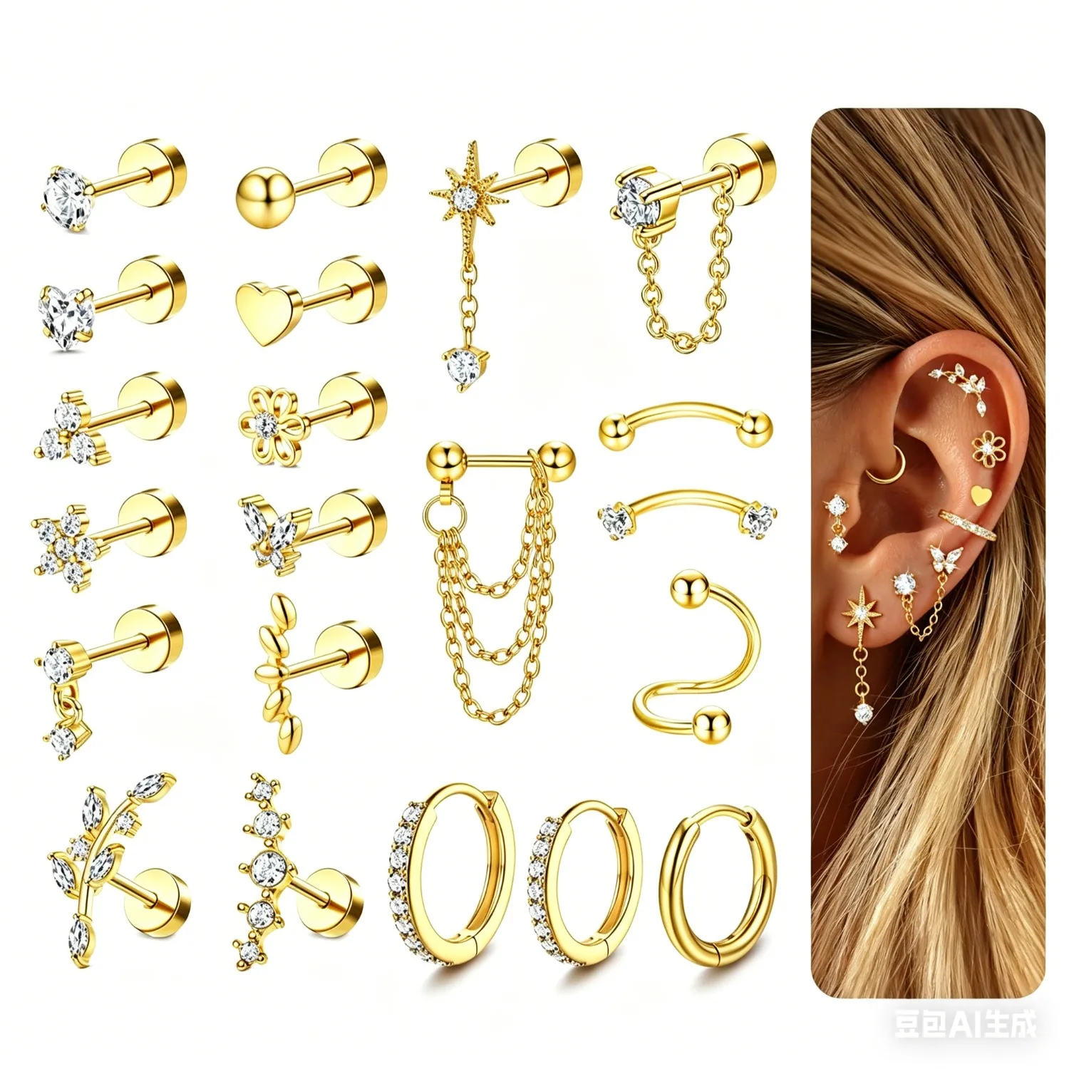 

Florideco 14K Gold Plated Helix Piercing Jewelry Surgical Steel Flat Back Earrings Stack for Women CZ Chain Earrings Studs Hoops