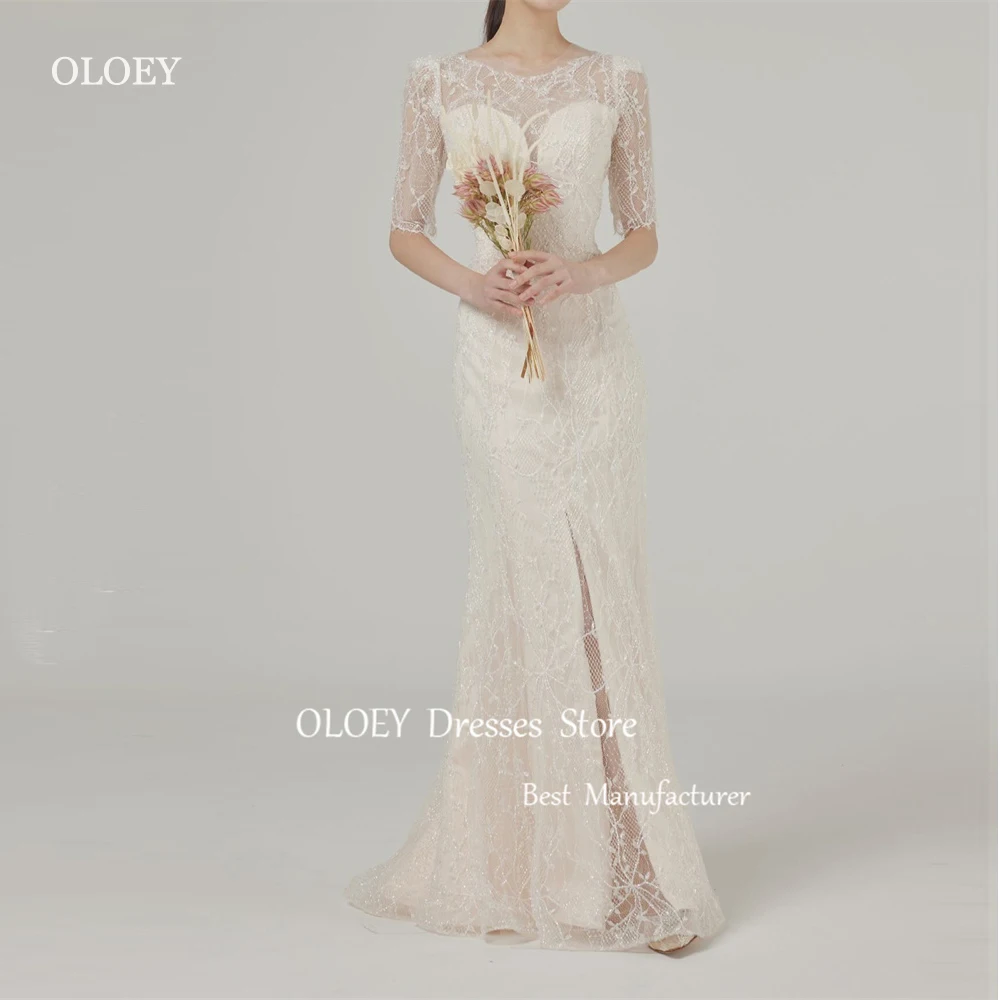 OLOEY 2024 Elegant Full Lace Mermaid Korea Wedding Dresses Half Sleeves O-Neck Split Photoshoot Bridal Gowns Custom Made