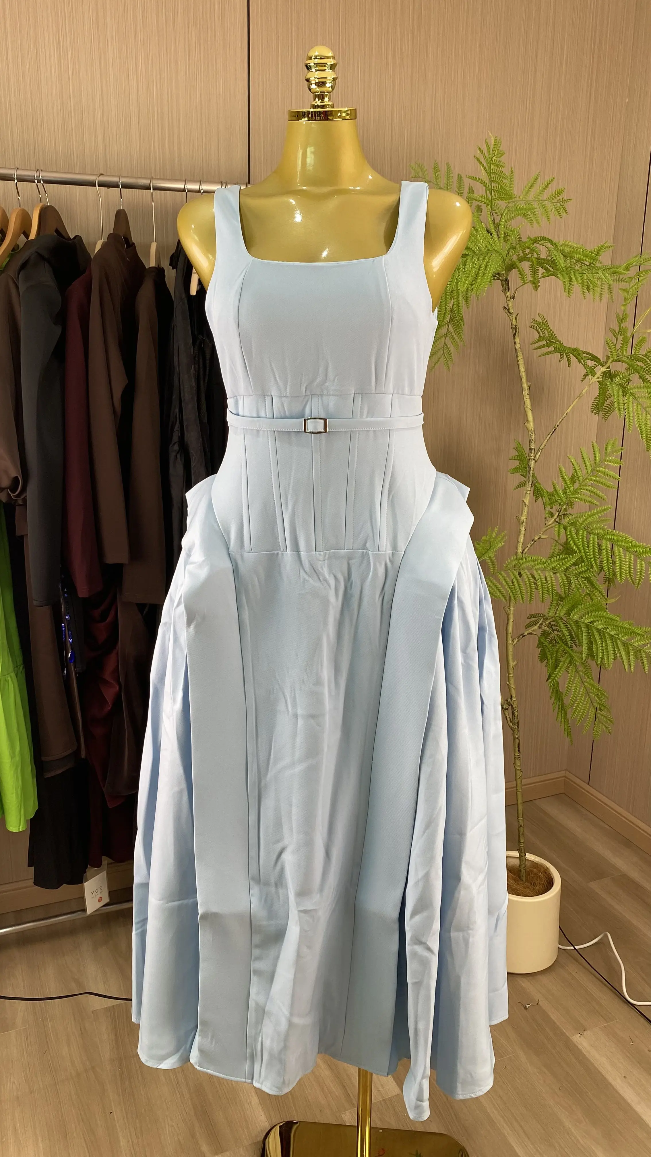 2026 Spring New Style Square Neck Sleeveless Drawstring Pleated Midi Dress-GZXX842