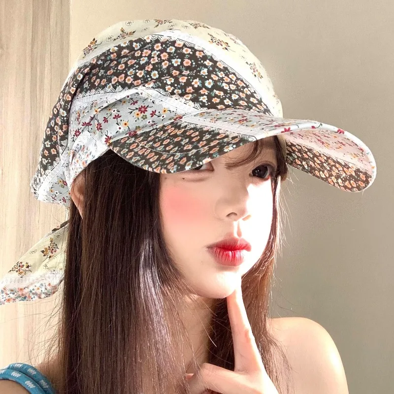 Koreanische Sommer-Süße Blumenmuster-Dreieckstuch-Mütze für Damen – Atmungsaktive Nischen-Baseballkappe mit Riemen für den Sommerurlaub und Sonnenschutz – Detail 1