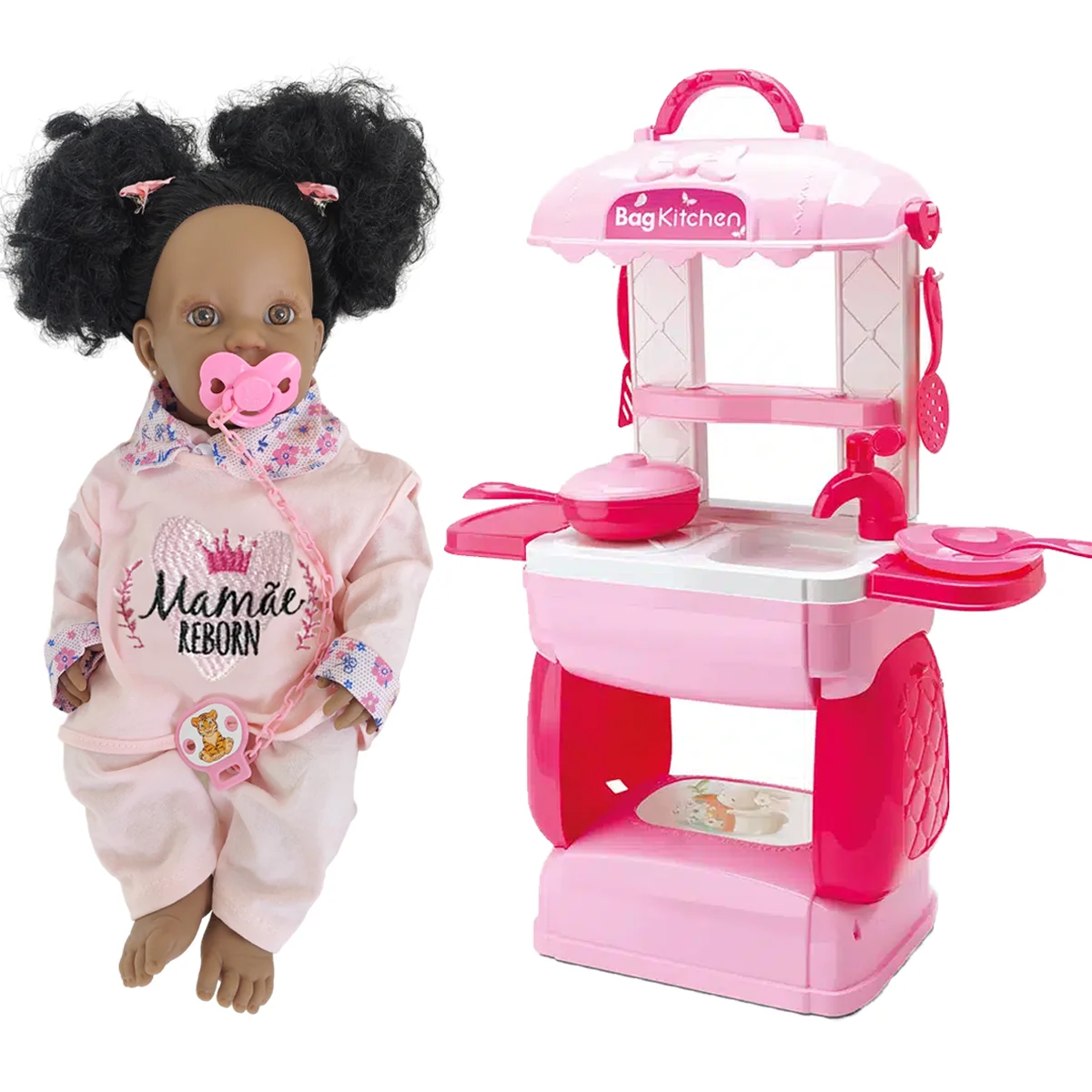 KIT Black Doll Baby Mom Reborn 45cm + Mini Kitchen