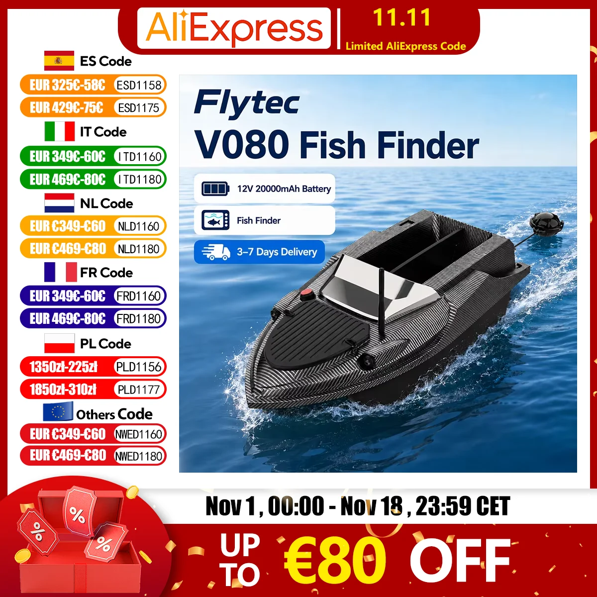 Bateau d'appât pour la pêche Flytec V080 avec GPS et détecteur de poissons, batterie 12V 20000mAh, moteur à balais 550, télécommande 800M, capacité d'appât 3KG, autonomie 2-4H, bateau traîneur RC en ABS et fibre de carbone avec écran 4,3 pouces pour la pêche à la carpe