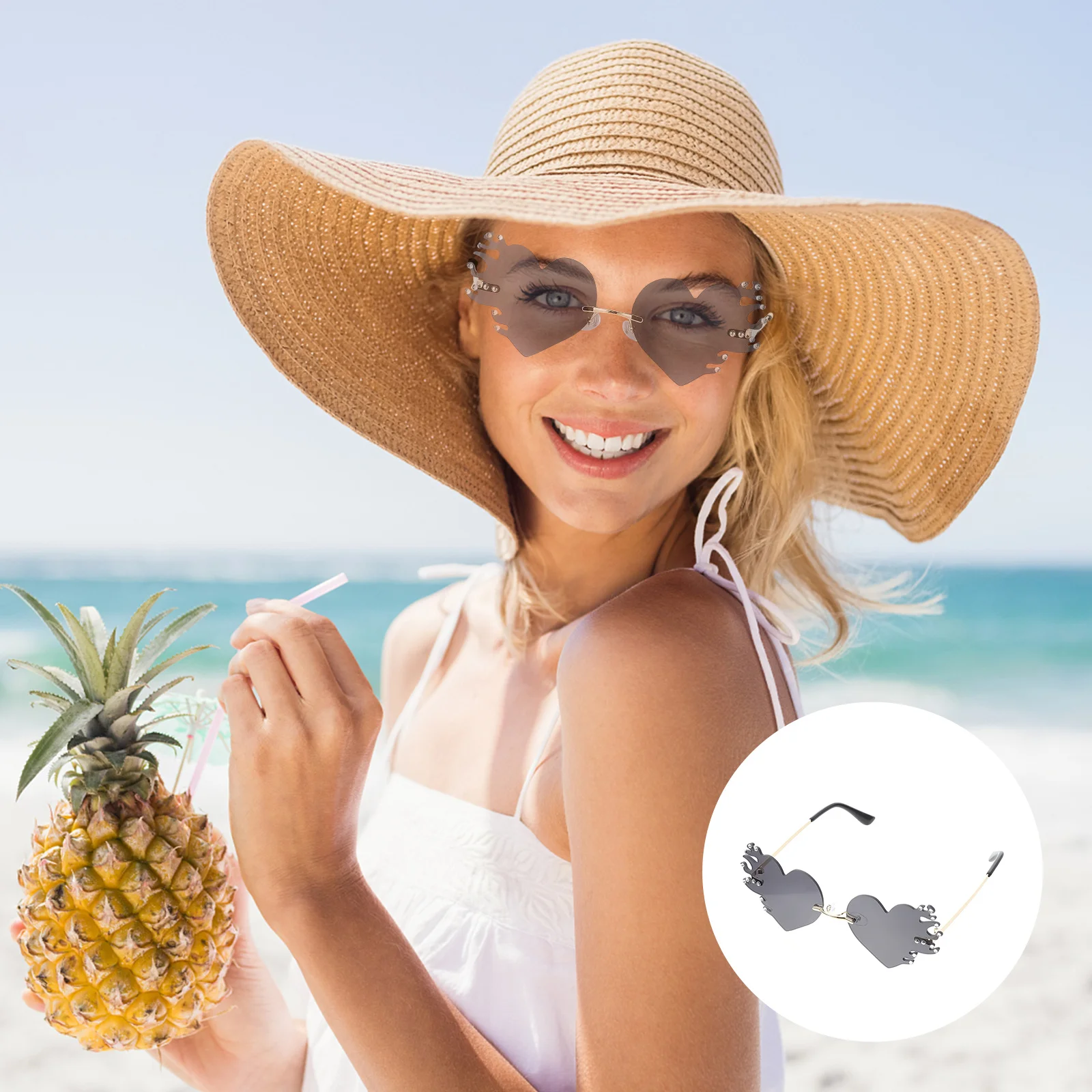 

1 Pair Decorative Heart Sunglasses Rimless Fire Sunglasses Party Flame Glasses Festival Accessory Personality Heart Glasses