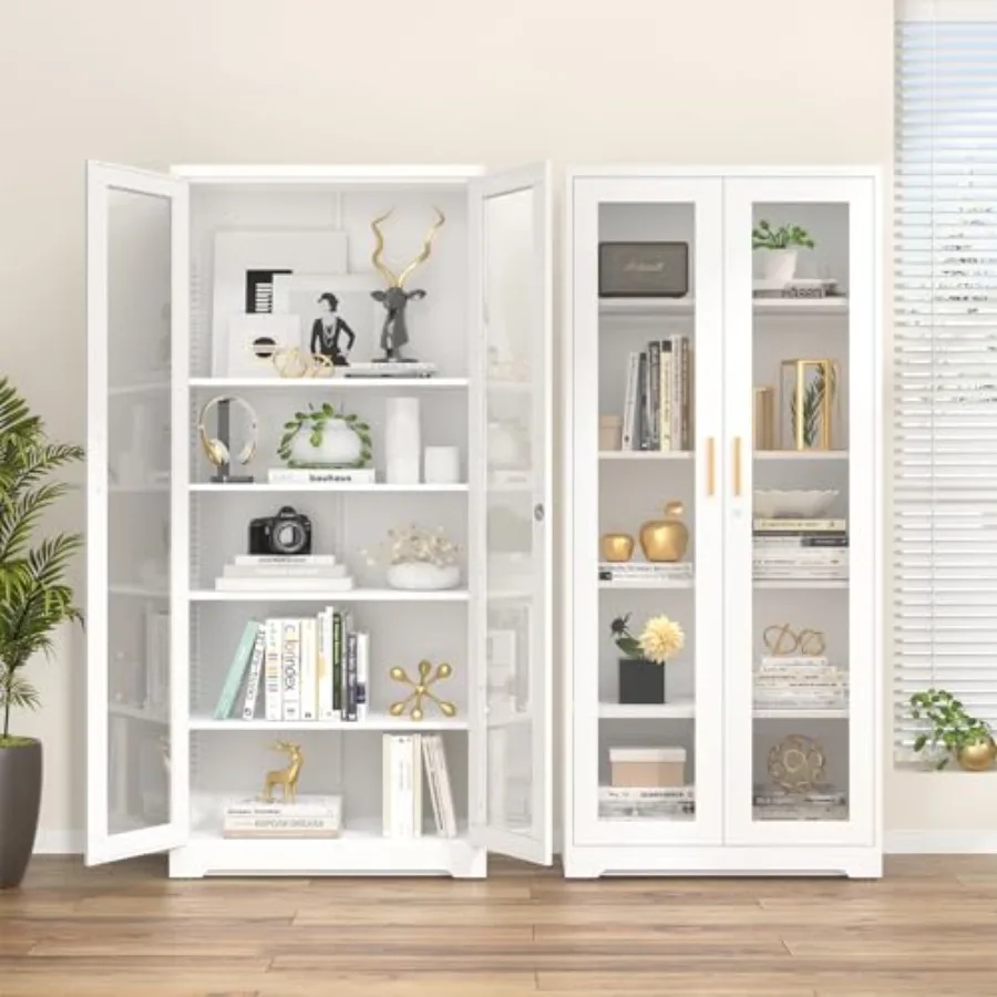 Home curio display cabinet with glass doors, metal construction, black finish, locking tall design for collectibles, trophies l view 2