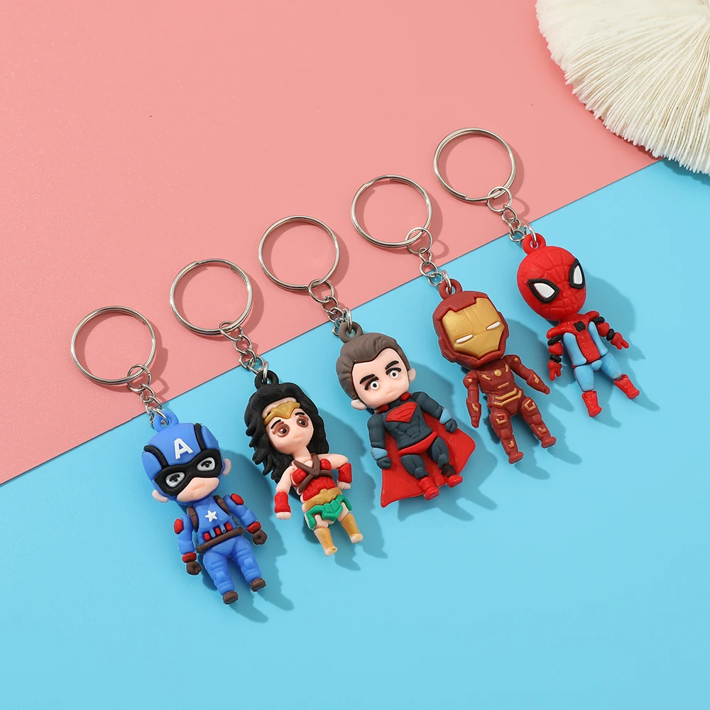 Superhero Iron Man Doll Cartoon Figure Spiderman Keychain Accessories Marvel Avengers Keyrings Bag Kids Jewelry Friendship Gift