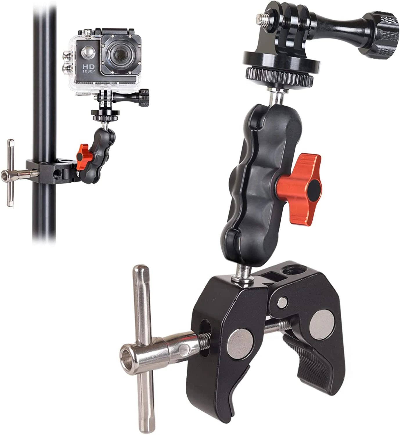 Super Camera Clamp Mount for Gopro, Crab Clamp with 360° Ballhead Magic Arm Double Ball Head with 1/4