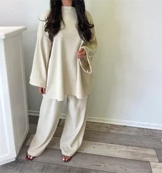 Winter Fashion Corduroy Two Piece Set Women Round Neck Long Sleeve Top Wide Leg Pants Casual Loose Two Piece Set Women