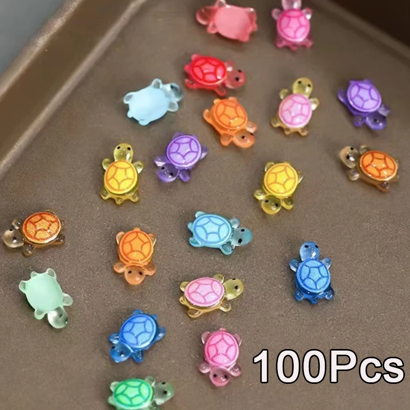 100 Peças de Tartarugas 3D Luminosas de Desenho Animado que Brilham no Escuro, Figuras Miniatura Coloridas em Tons de Dopamina, Mini Tartarugas DIY para Decoração de Unhas