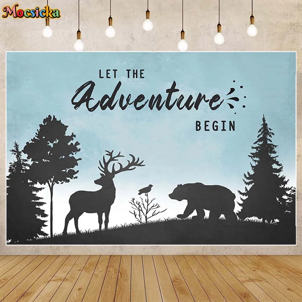 

Mocsicka Let The Adventure Begin Backdrop Wild Forest Animals Baby Shower Background Boys Welcome Party Decor Photo Studio Props