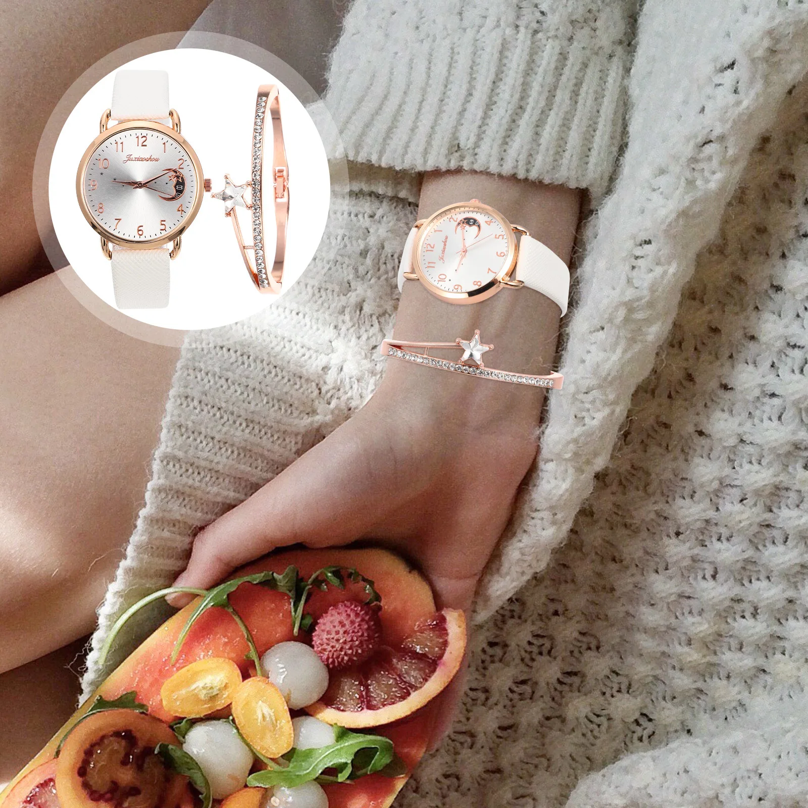 1 Juego de pulsera de reloj exquisito para mujer, diseño de estrella y Luna, regalos de fiesta informales elegantes, reloj para mujer, decoración de pulsera de Luna