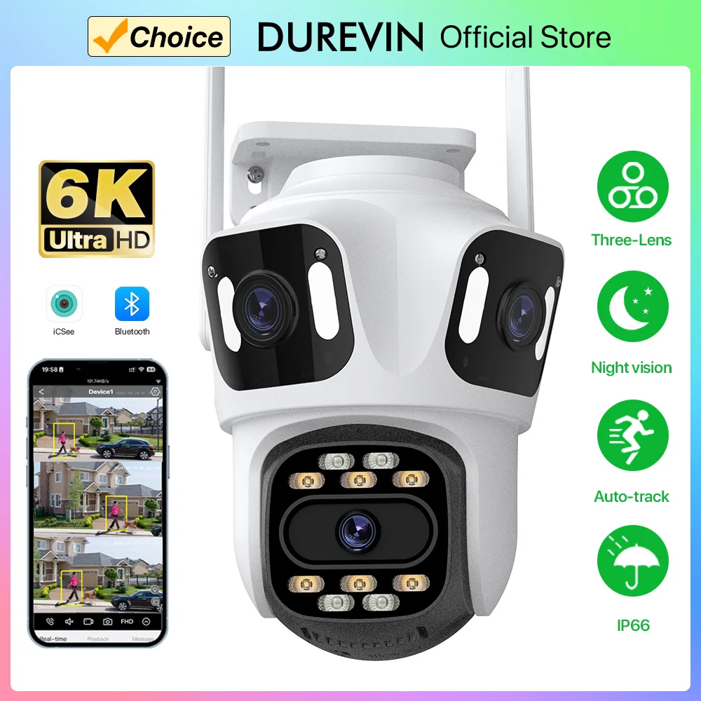 6K HD Three Lens WiFi PTZ Auto Tracking Camera Outdoor 4K Dual Lens Human Detection Camera Security Surveillance Camera iCsee