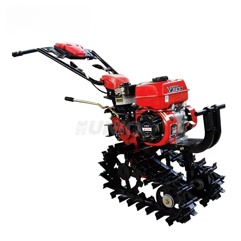 Hot selling：Hand Held Trenching and Fertilizing Micro Cultivator Self-propelled Chain Track Cultivator Double Chain Track Rotary