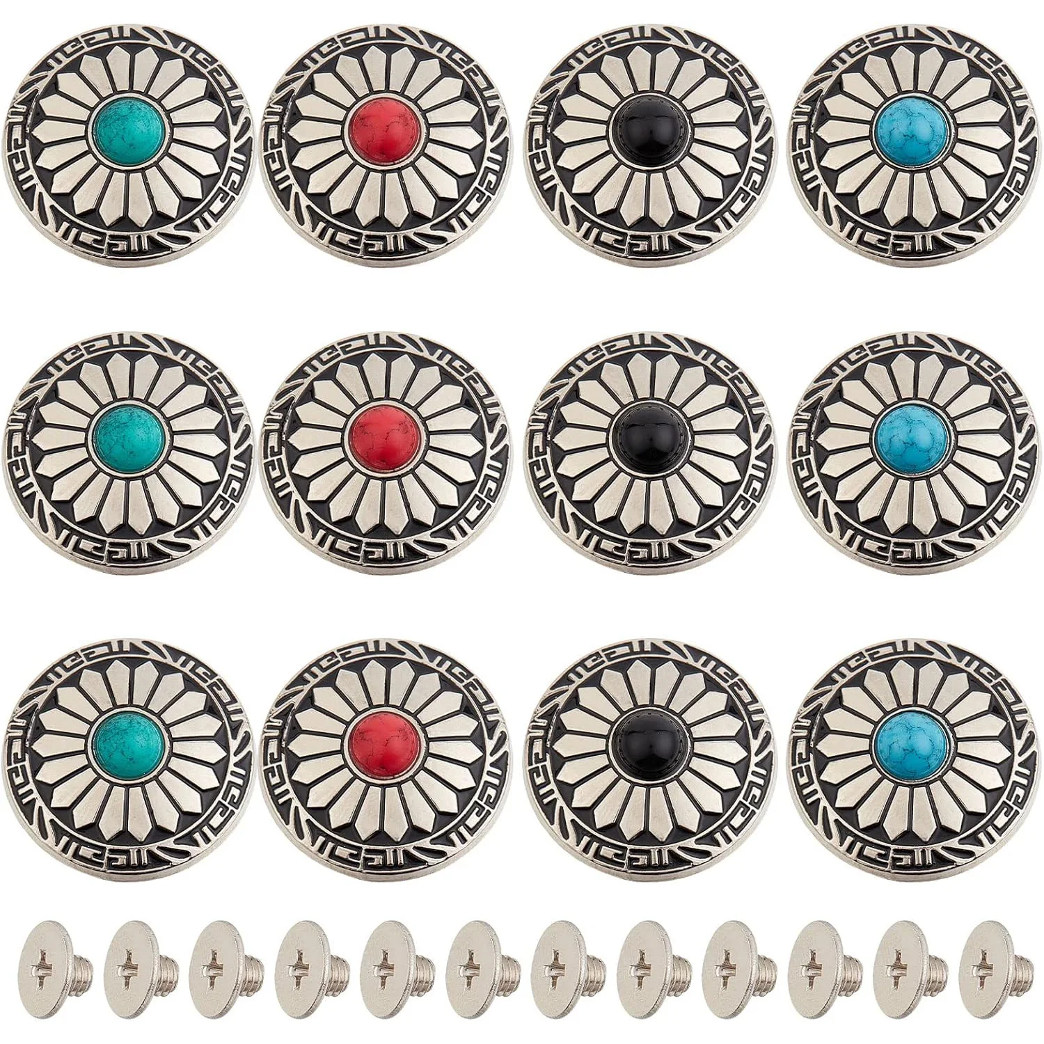 Round Engraving Sun Flower Faux Turquoise Conchos Flower Buds Daisy Decorative Buckles Screw Back Buttons for DIY Leather Craft