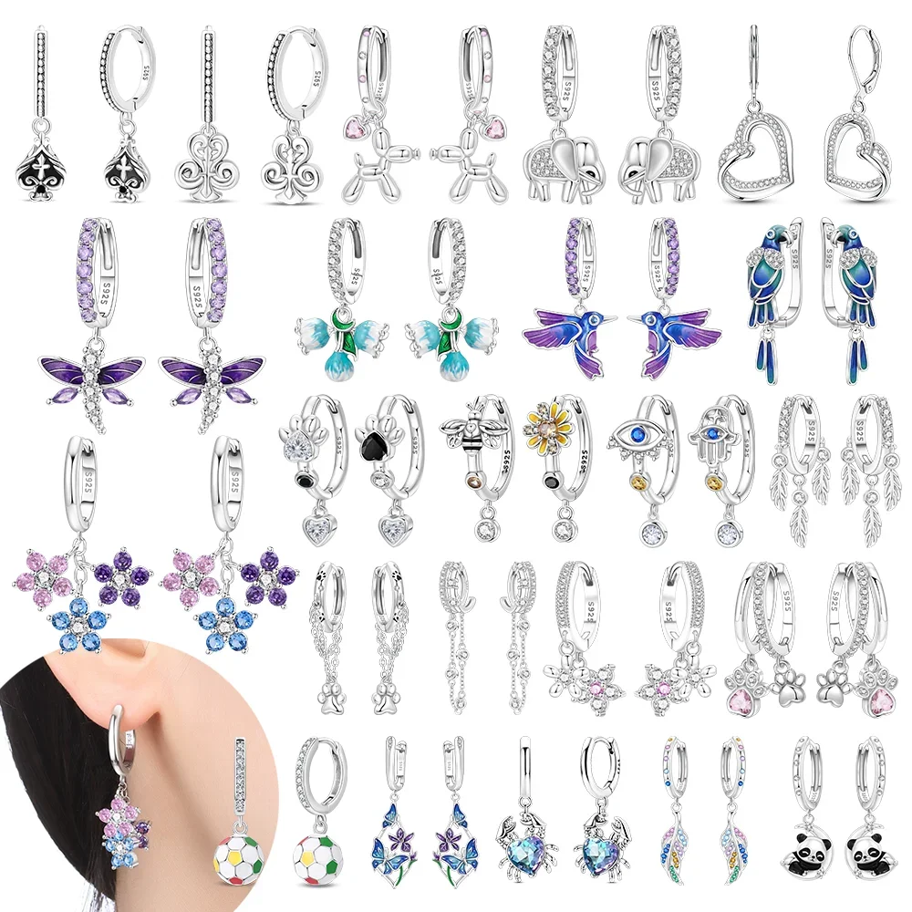 Original 925 Silver plated Huggie Hoop Earrings Panda Butterfly Soccer Ball Zircon Earrings Jewelry Gifts for Women Girls