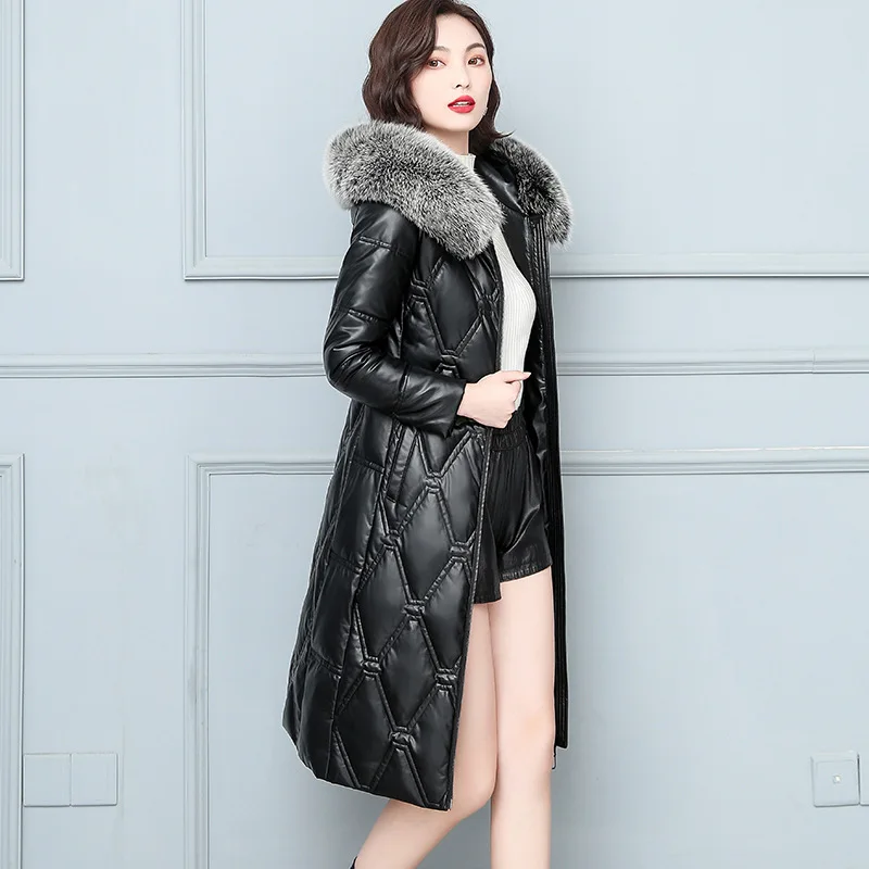 

Winter White Leather Duck Down Jacket for Women Mid Length Thickened Coats Slim Versatile Fox Fur Collar Woman Jackets Casaco