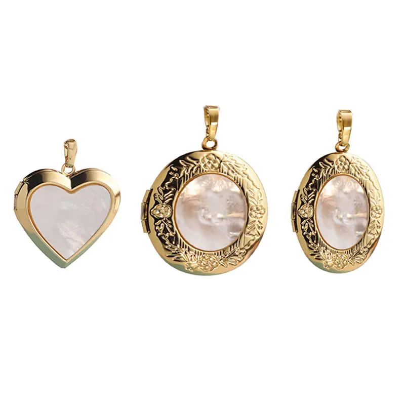 10pc/lot DIY Engraving Locket Stainless Steel With Real Shell Heart Round Oval Shape Pendant Making Family Memories Gift Jewelry