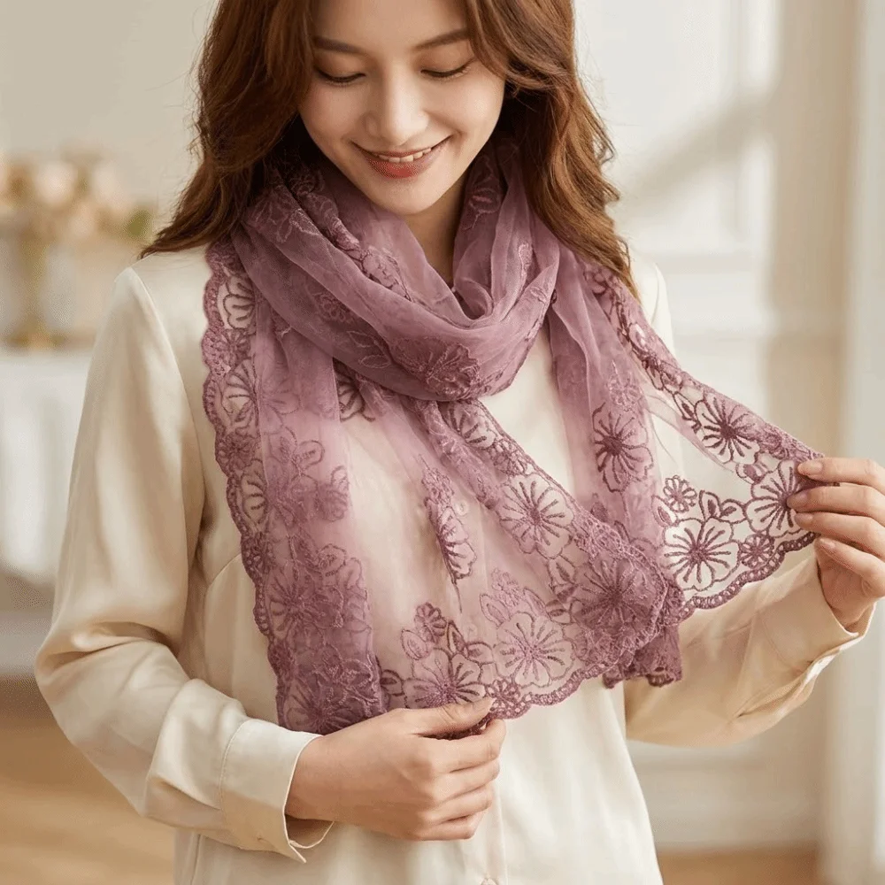 

Literary Elegant Lace Scarf Long Thin Retro Style Headscarf Thin Literary Korean Version Scarf Sunscreen