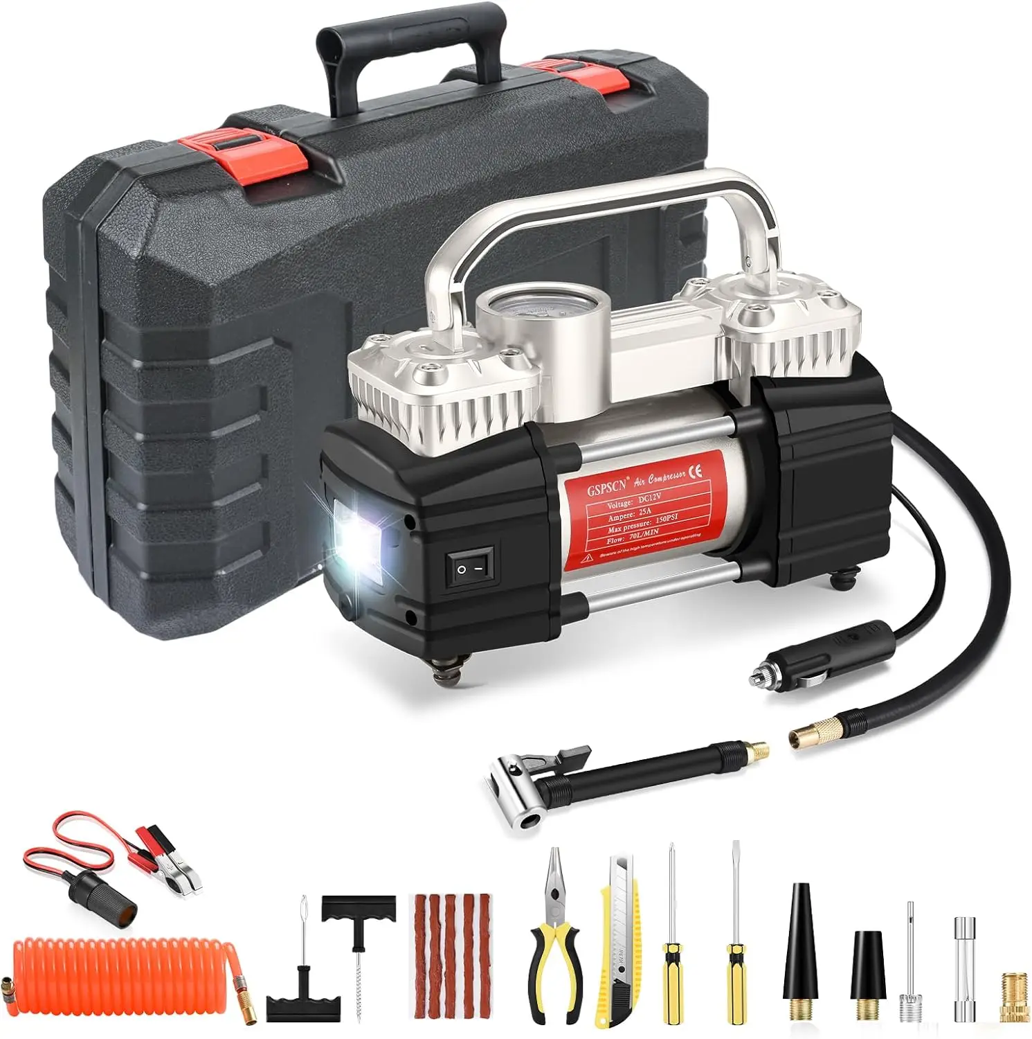 Heavy Duty Tire Inflator 12V Portable Toolbox Air Compressor Pump | with Tire Repair Kit,6X Faster Inflation Dual Cylinder Air