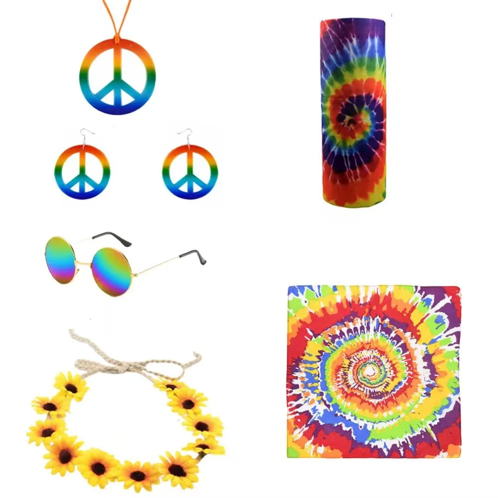 

PESENAR Heavy 1960s style five piece set: colorful accessories, tie dye objects, and sunflower garlands