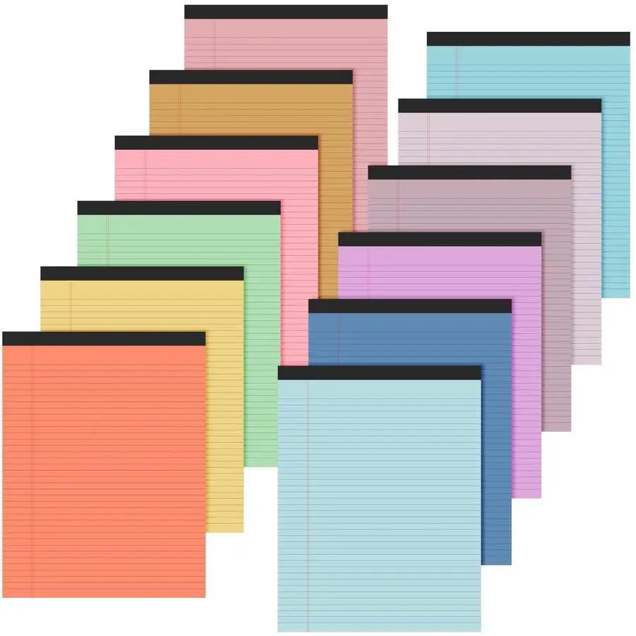 

12 шт. цветных блокнотов для записей формата 8,5 x 11 дюймов, узкая линовка, 50 листов на блокноте, с микроперфорацией, для офиса