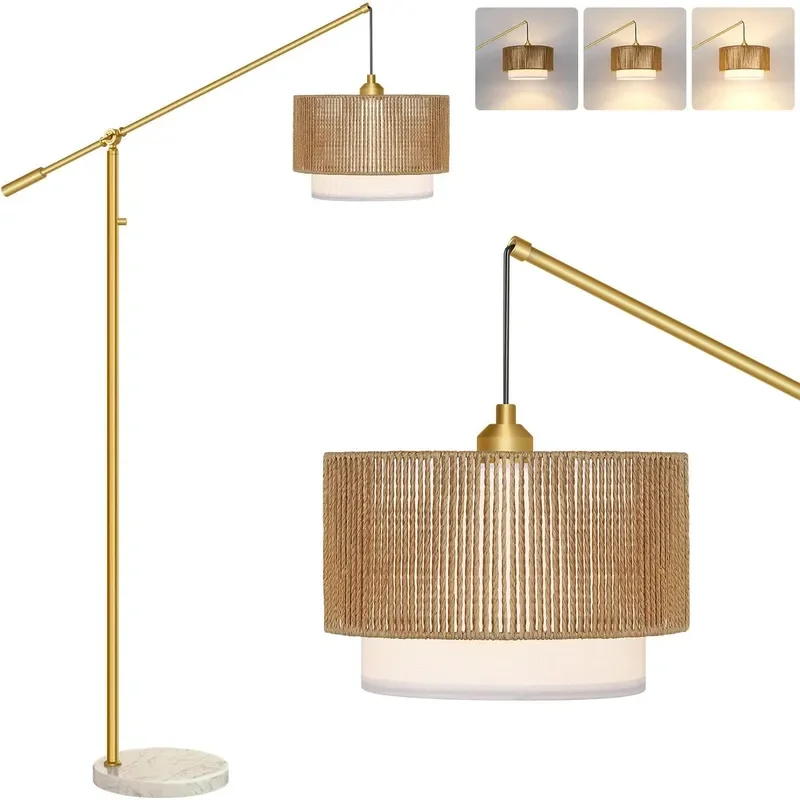 Upgraded Boho Dimmable Floor Lamp with Adjustable Swing Arm 1100 Lumens Bulb Included Modern Standing Lamp with Rattan Fabric