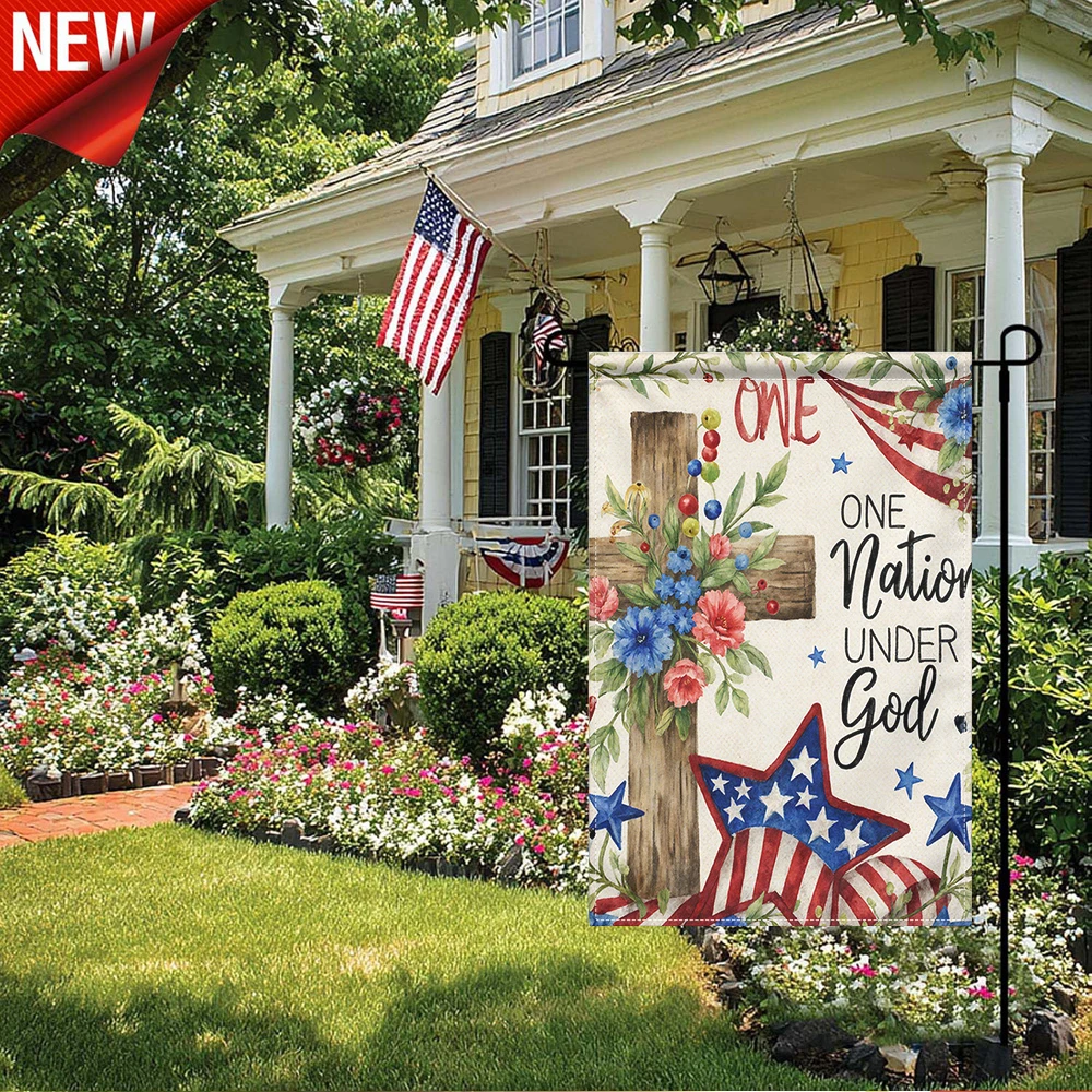 

1PC, One Nation Under God Garden Flag Patriotic Cross Floral Decorative Outdoor Flag for Independence Day