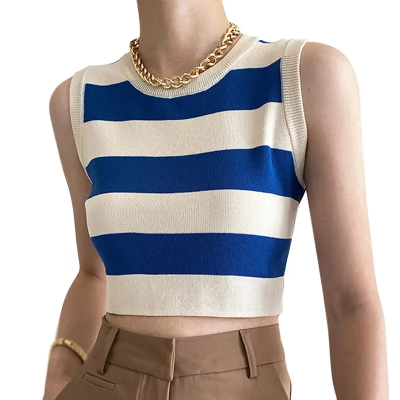 Korean Version Round Neck Striped Tank Top With Slim Fitting Casual Open Navel Knitted Sleeveless Tank Top