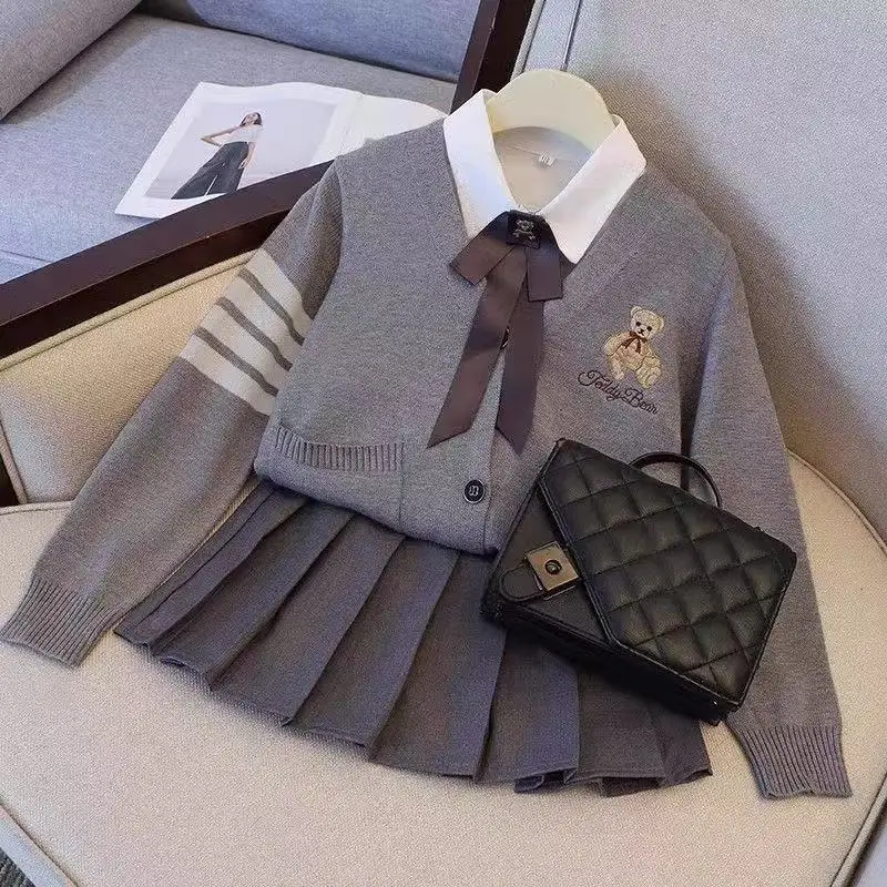 

Kids Girls Sweater Cardigan Suit New Children's JK College Uniform Suit White Shirt Short Skirt Coat Teenage Girls Clothes Set