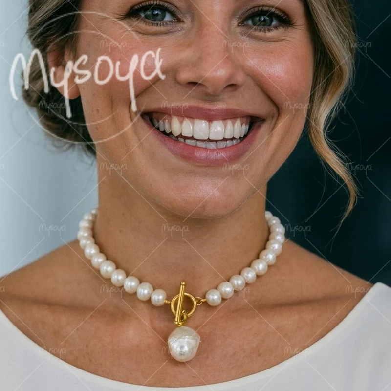 

MYSOYA 8-9mm & 13-15mm White Pearl Baroque Pendant Necklace for Wife/ Mom, for Wedding/ Mother's Day/ Birthday Gift A0560