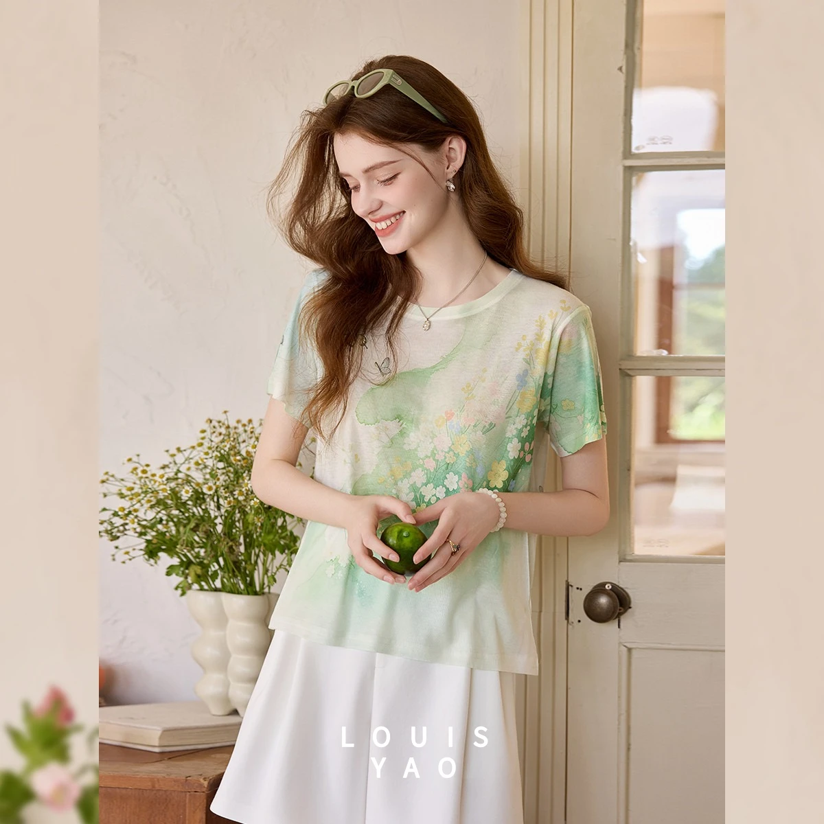 LOUIS YAO Print Women's T-Shirt 2026 Summer Stretch Lightweight Regular Shoulder Crew Neck Tops Knit Literary Tie Dye Tees