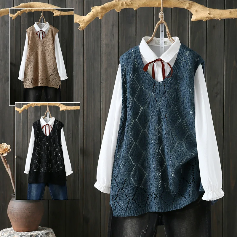 Spring Autumn Women's Knitted Vest Hollow out V-Neck Cotton Top Commute Style Mid-Length Work-It-Out Fashion