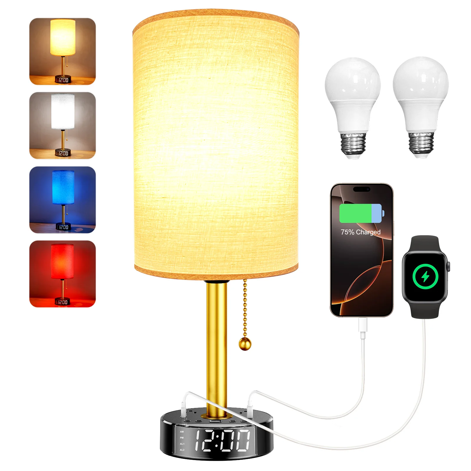 

Bedside Desk Lamp 5 Light Modes Clock Snooze Alarm 2 US AC Outlets USB C Charging Port 5FT Cord for Bedroom Study Living Room