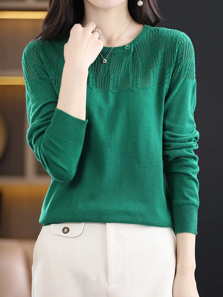 Trendy Style Pure Worsted Wool Sweater Women\'s Hollow Out O-Neck Knitted Pullover Spring Autumn Female Solid Full Sleeve Jumpers