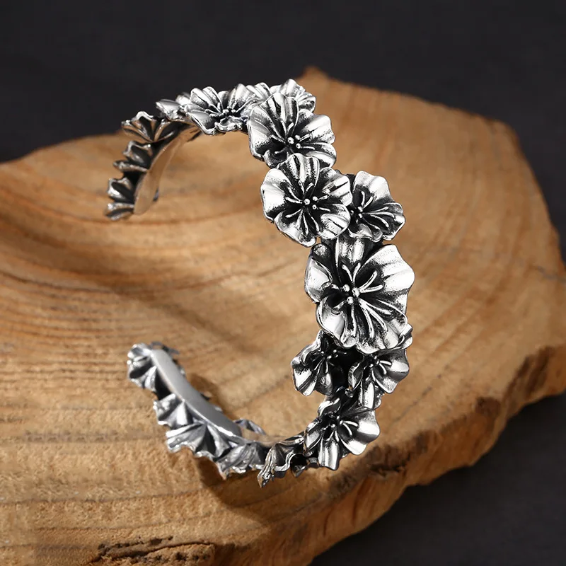 S925 Sterling Silver Flower Bangle Old Process Free Size Heavy Body Women Fine Jewelry FYBT133