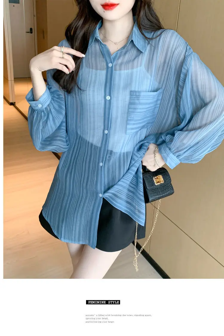 Large size loose sunscreen clothes with cardigan striped chiffon shirt women's jacket air conditioning clothes top