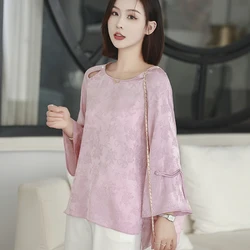 Chinese Style Imitation Silk Women's Shirt Pink Printing Round Neck Buckle Long Sleeve Temperament Elegant Chic Woman Blouse