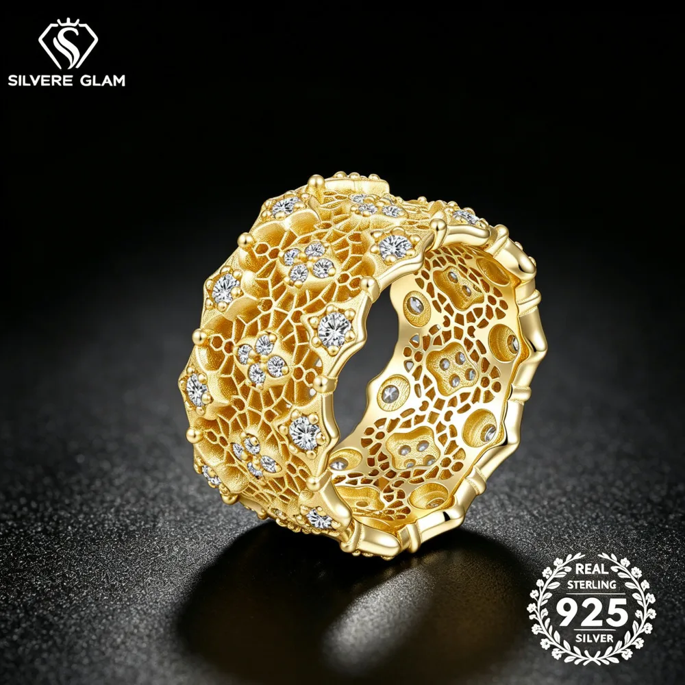 Vintage Filigree Hollow Wide Band 925 Silver Ring D VVS1 Moissanite Inlaid Fine Jewelry Retro Statement Party Finger Ring