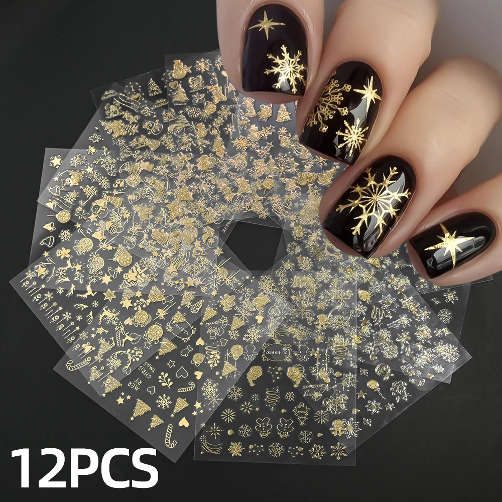 

12pcs Champagne Gold Christmas Nail Stickers 3D Sparkling Snowflake Christmas Tree Santa Nail Sliders New year Nail Decorations
