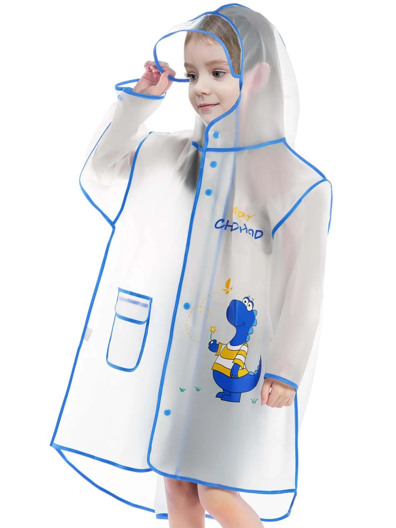 Children\'s raincoat Boys and girls primary school baby kindergarten school bag  rain poncho cartoon raincoat blue dinosaur style