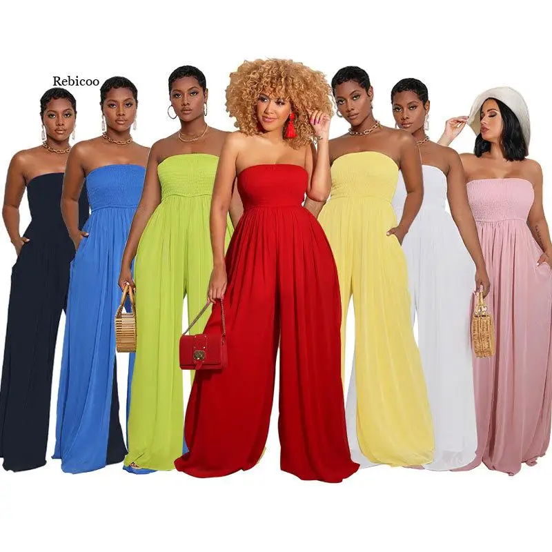 

Fashion Solid Wide Leg Jumpsuit Women's Summer Pleated Sling Rompers Sexy Backless Loose Casual Playsuit Female